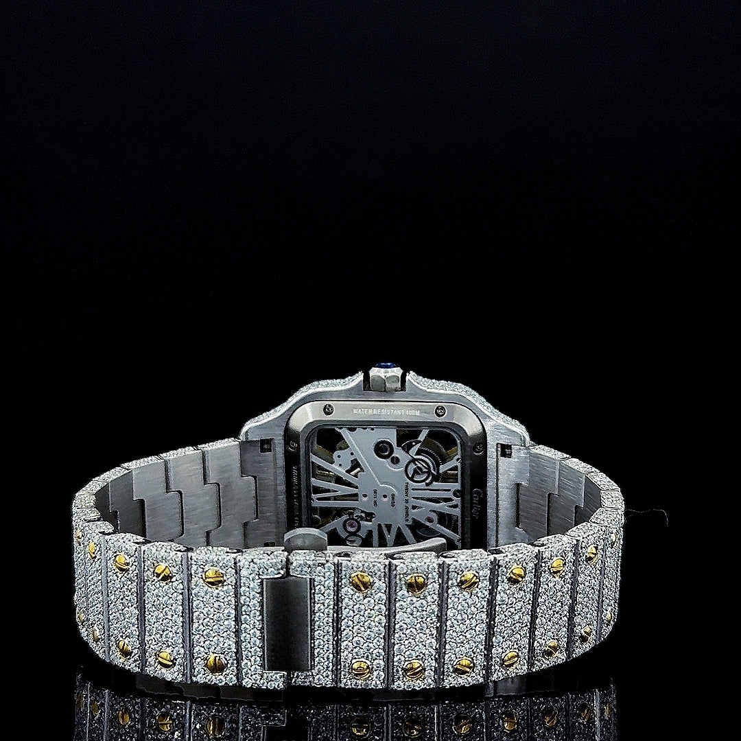 Cartier Skeleton Dial Two Tone Yellow Gold Fully Iced Out Moissanite Watch Caseback View