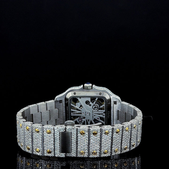 Cartier Skeleton Dial Two Tone Yellow Gold Fully Iced Out Moissanite Watch Caseback View