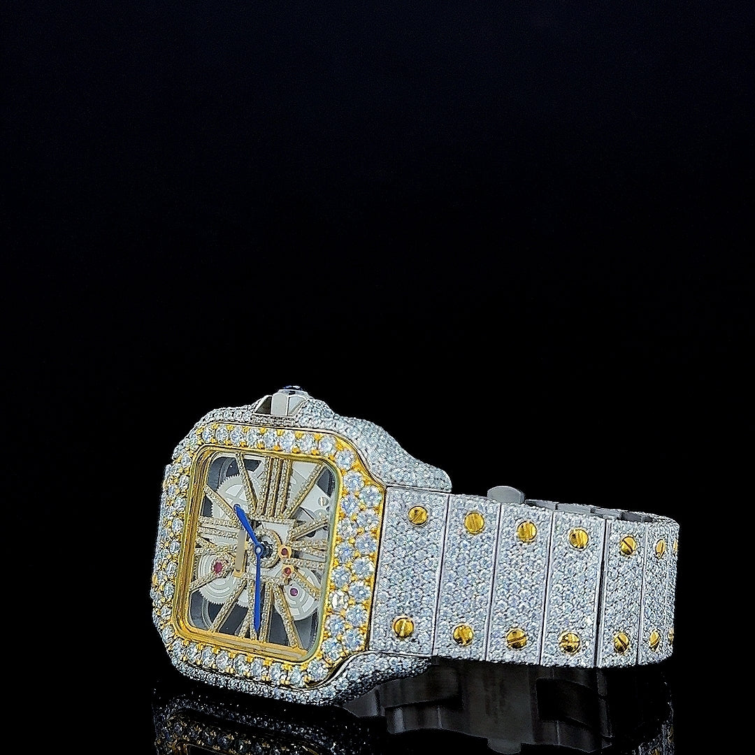 Cartier Skeleton Dial Two Tone Yellow Gold Fully Iced Out Moissanite Watch Left Profile View