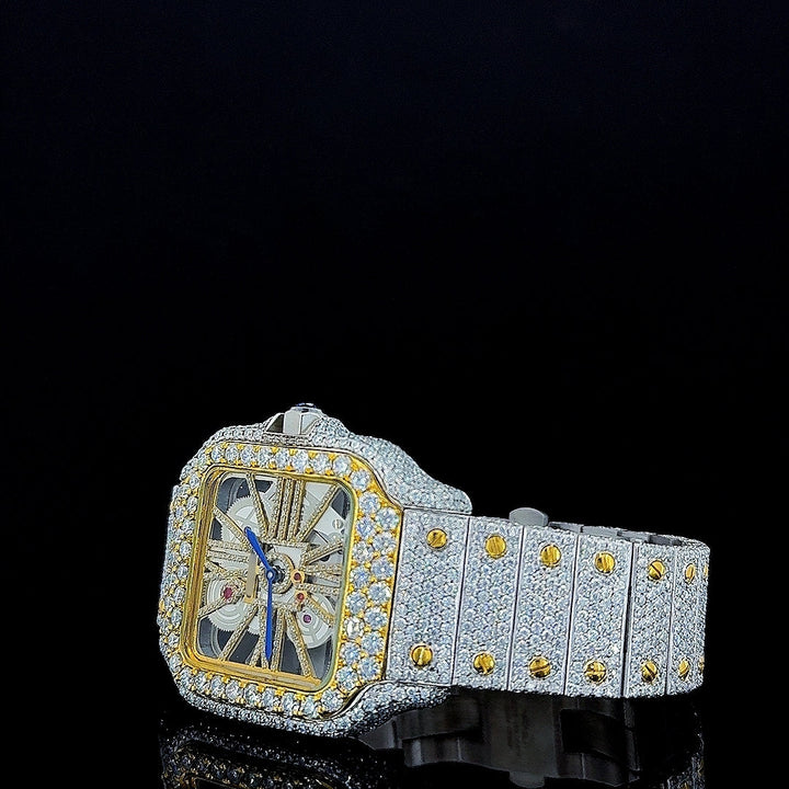 Cartier Skeleton Dial Two Tone Yellow Gold Fully Iced Out Moissanite Watch Left Profile View