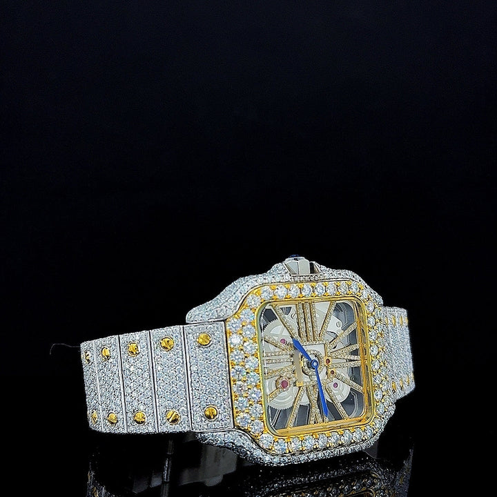 Cartier Skeleton Dial Two Tone Yellow Gold Fully Iced Out Moissanite Watch Right Profile View