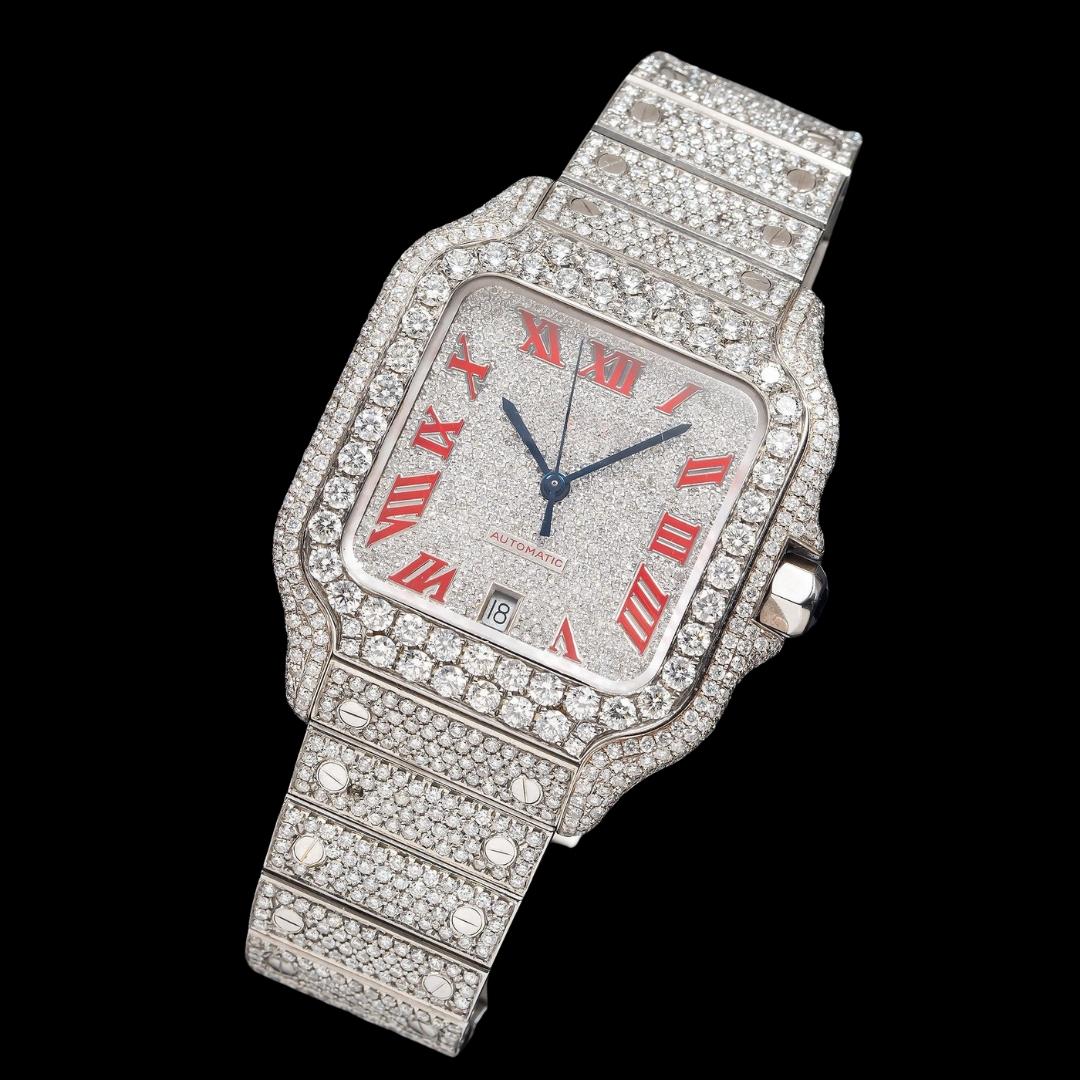 Cartier Watch Bust Down Moissanite Close Up Front View
