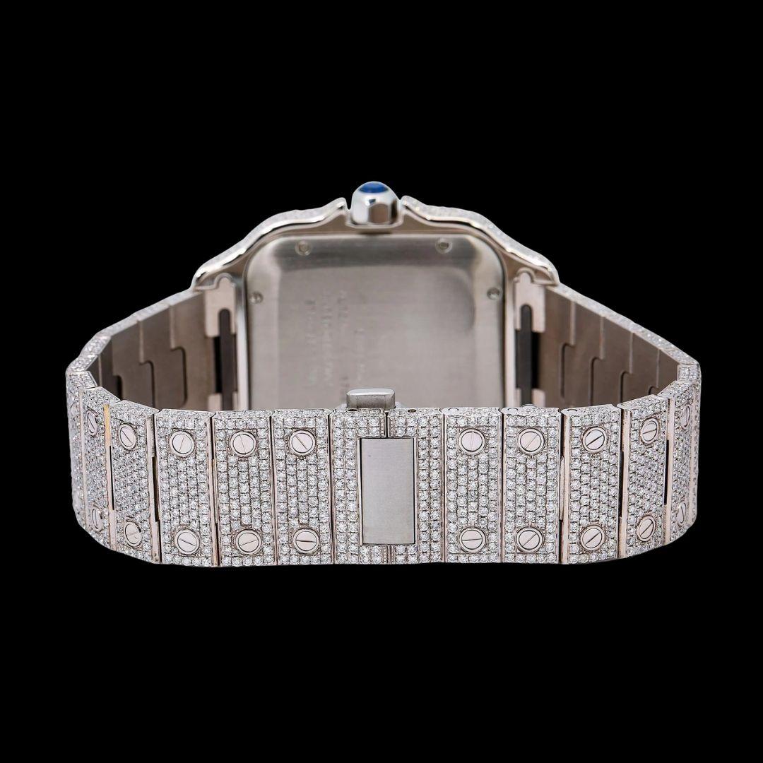 Champagne Roman Dial Cartier Santos Two Tone Yellow Gold Iced Out Moissanite Watch Caseback View