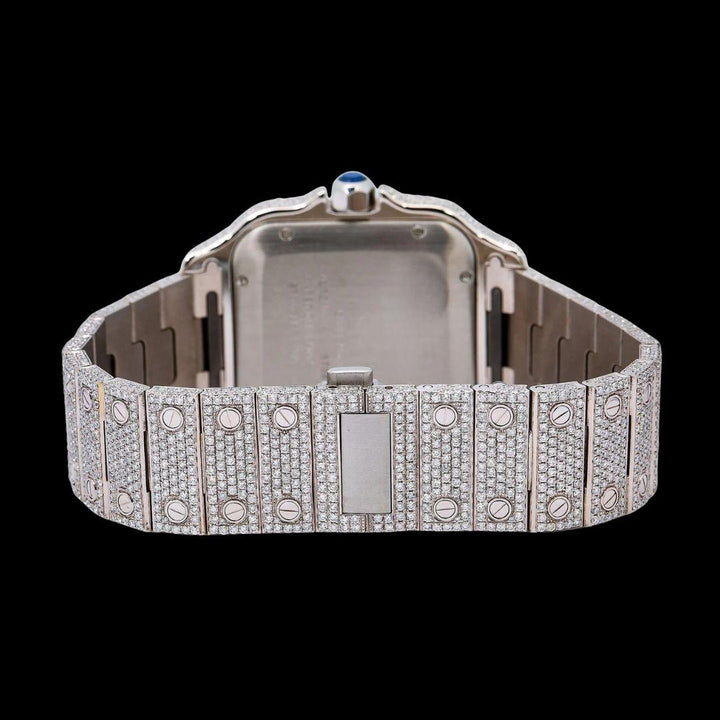 Champagne Roman Dial Cartier Santos Two Tone Yellow Gold Iced Out Moissanite Watch Caseback View