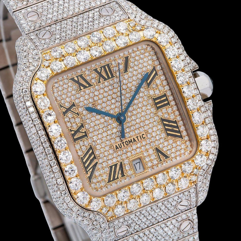 Champagne Roman Dial Cartier Santos Two Tone Yellow Gold Iced Out Moissanite Watch Close Up Dial View