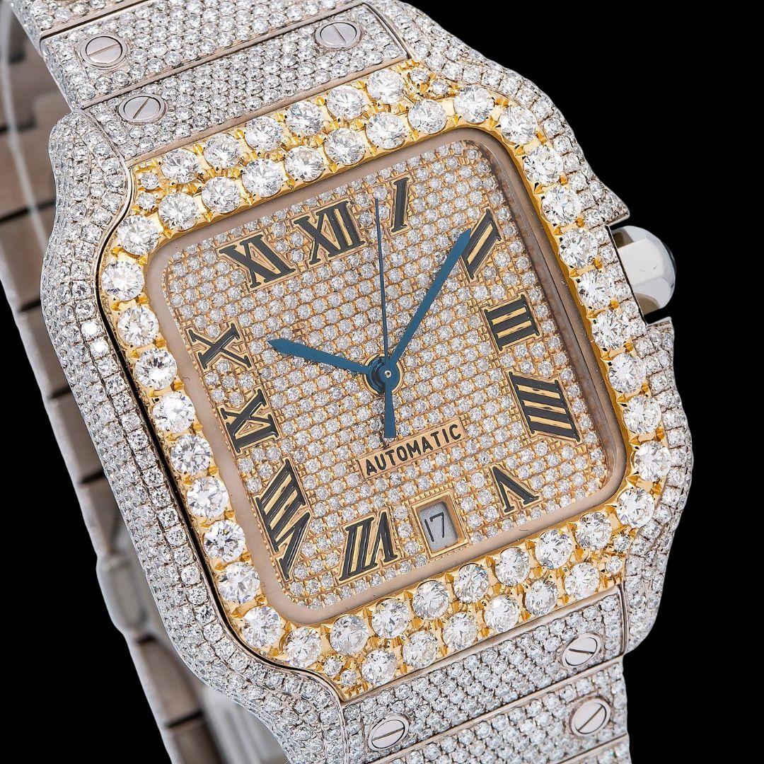 Champagne Roman Dial Cartier Santos Two Tone Yellow Gold Iced Out Moissanite Watch Close Up Dial View