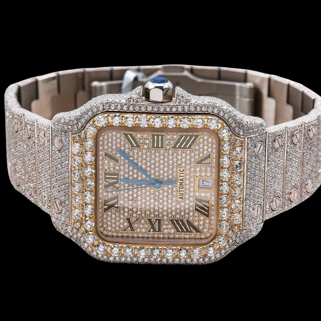 Champagne Roman Dial Cartier Santos Two Tone Yellow Gold Iced Out Moissanite Watch Close Up Front View