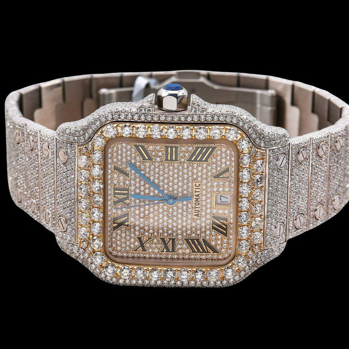 Champagne Roman Dial Cartier Santos Two Tone Yellow Gold Iced Out Moissanite Watch Close Up Front View