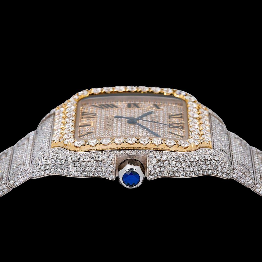 Champagne Roman Dial Cartier Santos Two Tone Yellow Gold Iced Out Moissanite Watch Crown View