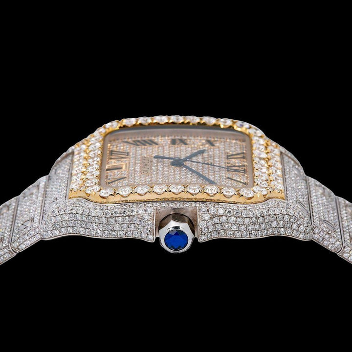 Champagne Roman Dial Cartier Santos Two Tone Yellow Gold Iced Out Moissanite Watch Crown View