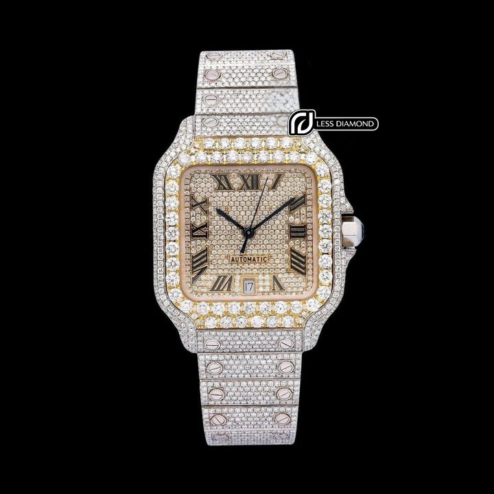 Champagne Roman Dial Cartier Santos Two Tone Yellow Gold Iced Out Moissanite Watch Front View