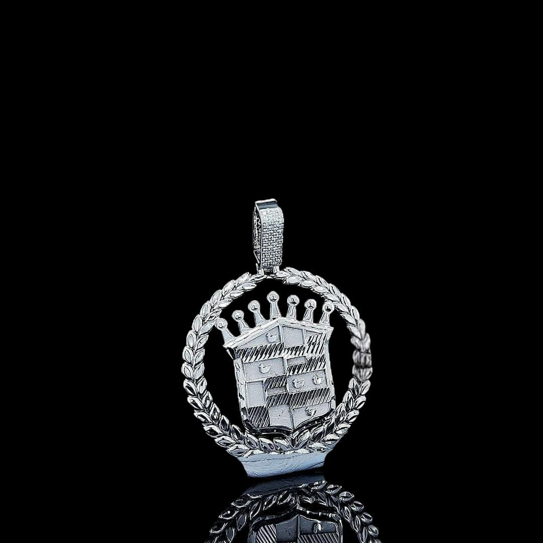 Crowned Crest Moissanite Pendant in 925 Sterling Silver Close Up Front View