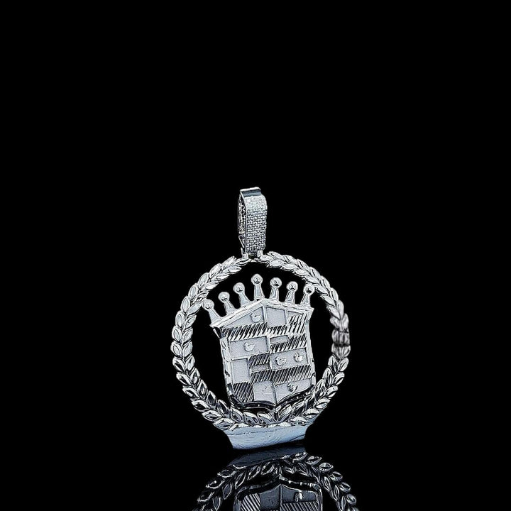 Crowned Crest Moissanite Pendant in 925 Sterling Silver Close Up Front View