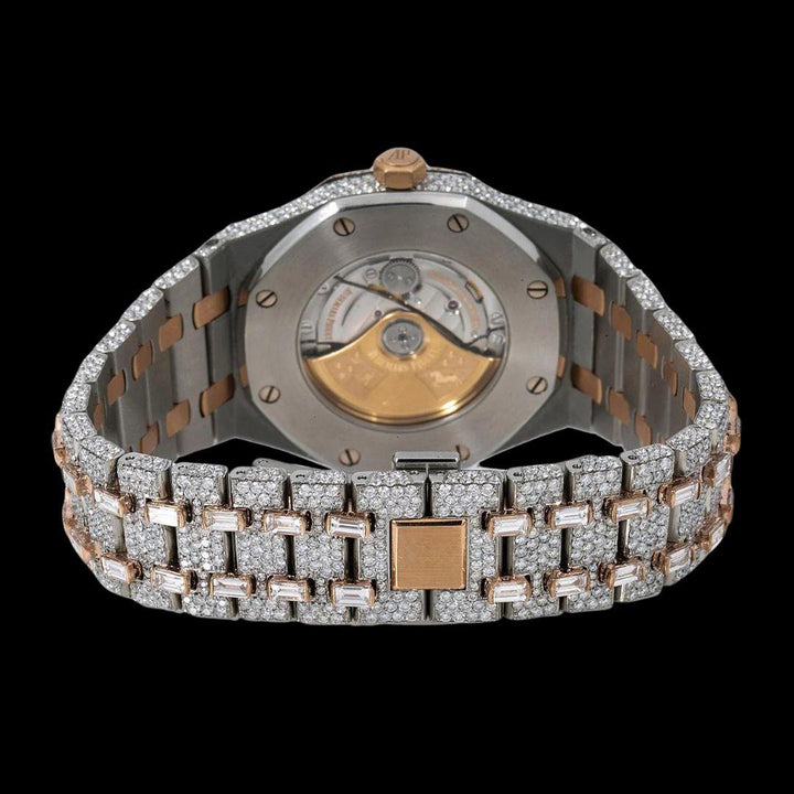 Diamond Markers Rose Gold Dial AP Royal Oak Fully Iced Out Two Tone Moissanite Watch Caseback View