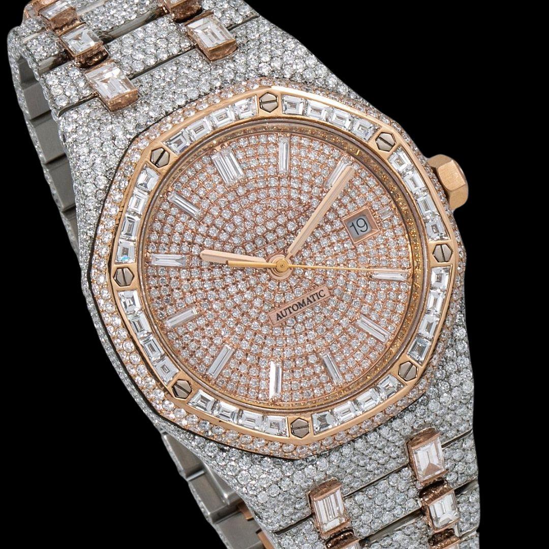Diamond Markers Rose Gold Dial AP Royal Oak Fully Iced Out Two Tone Moissanite Watch Close Up Dial View