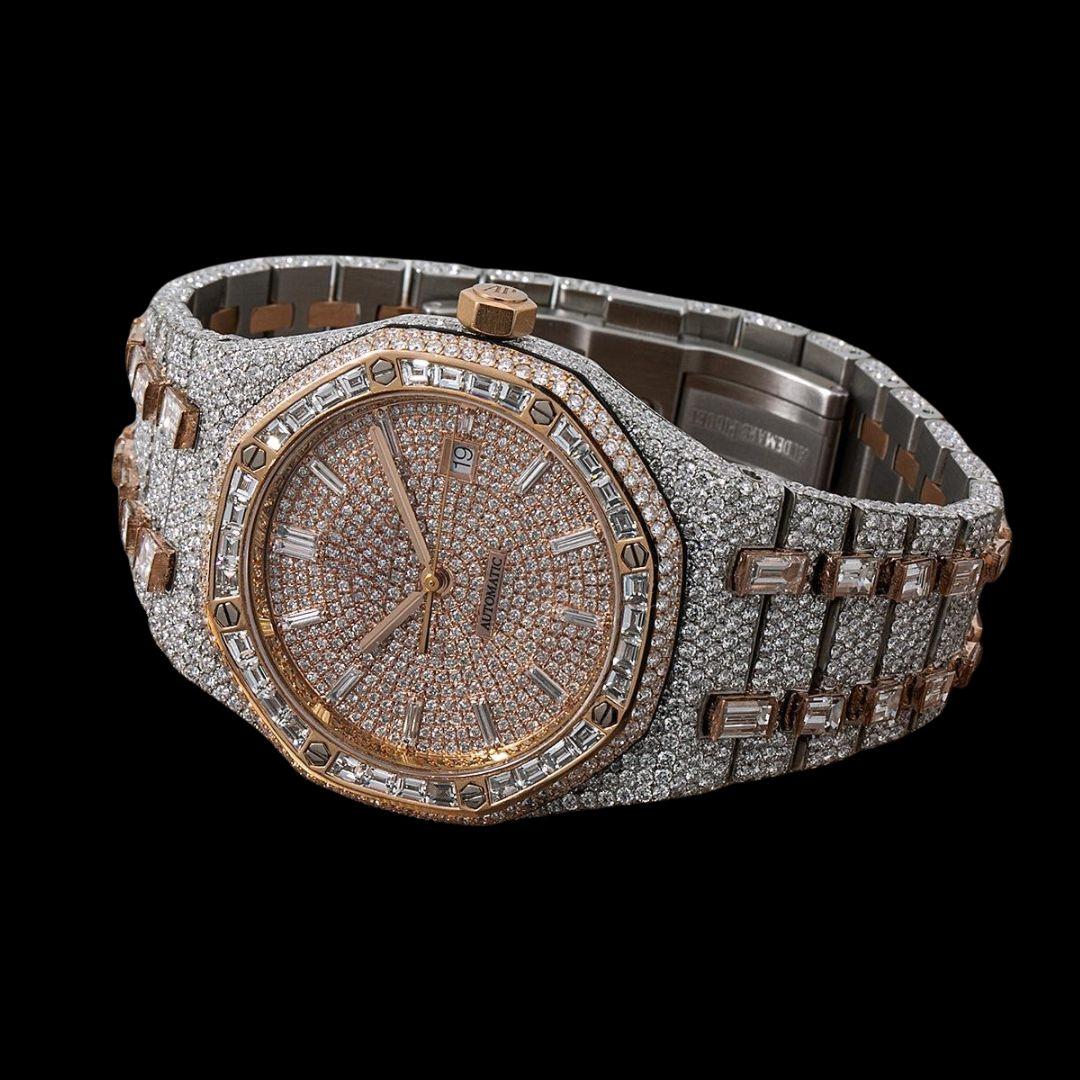 Diamond Markers Rose Gold Dial AP Royal Oak Fully Iced Out Two Tone Moissanite Watch Close Up Front View