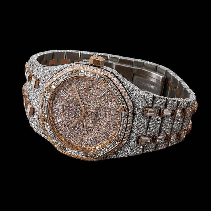 Diamond Markers Rose Gold Dial AP Royal Oak Fully Iced Out Two Tone Moissanite Watch Close Up Front View