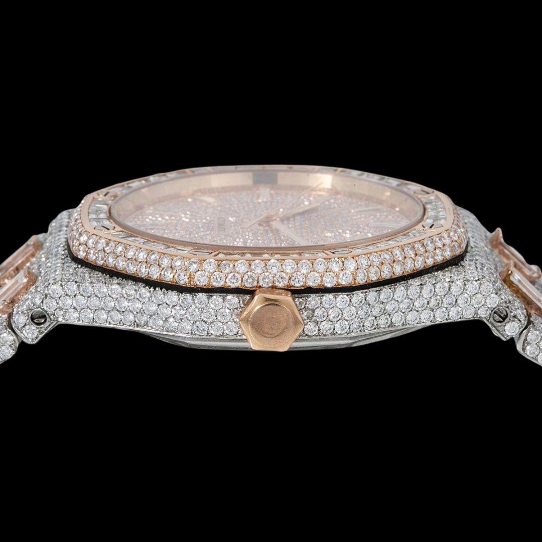 Diamond Markers Rose Gold Dial AP Royal Oak Fully Iced Out Two Tone Moissanite Watch Crown View