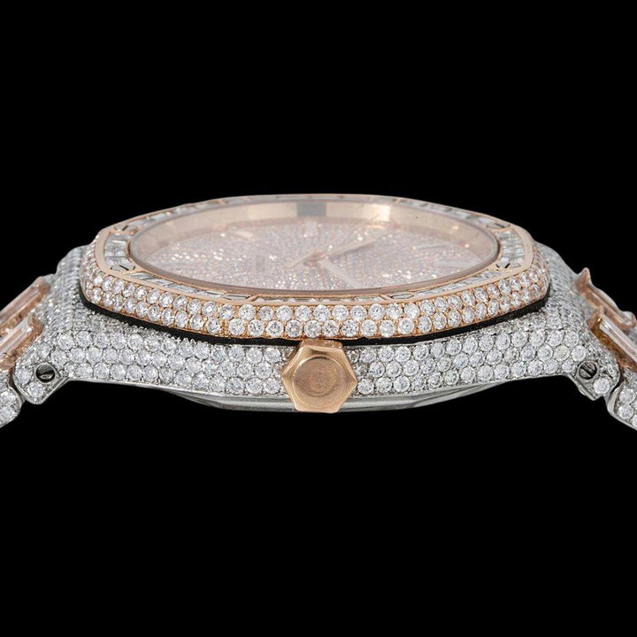 Diamond Markers Rose Gold Dial AP Royal Oak Fully Iced Out Two Tone Moissanite Watch Crown View