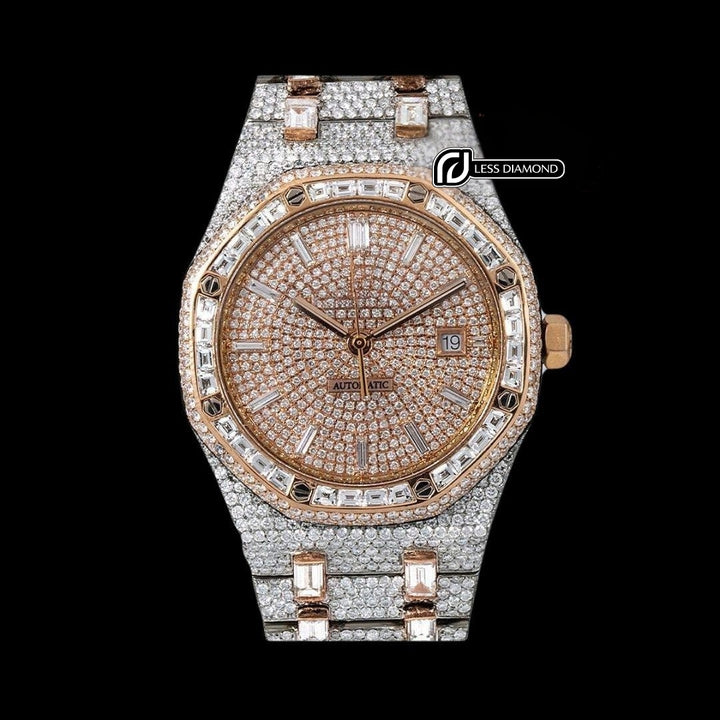 Diamond Markers Rose Gold Dial AP Royal Oak Fully Iced Out Two Tone Moissanite Watch Front View
