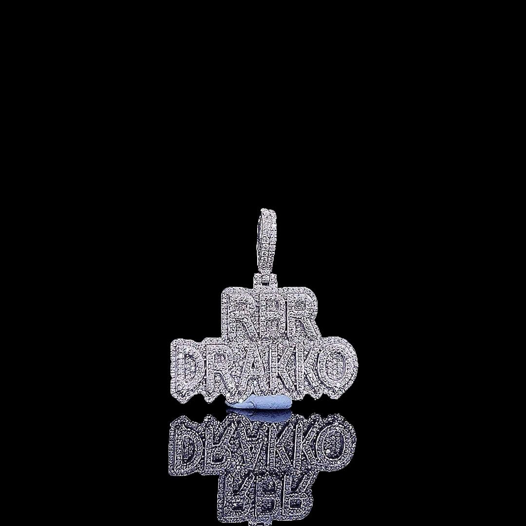 Drakko Iced Script Moissanite Pendant in 925 Sterling Silver Close Up Front View