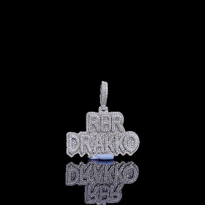 Drakko Iced Script Moissanite Pendant in 925 Sterling Silver Close Up Front View