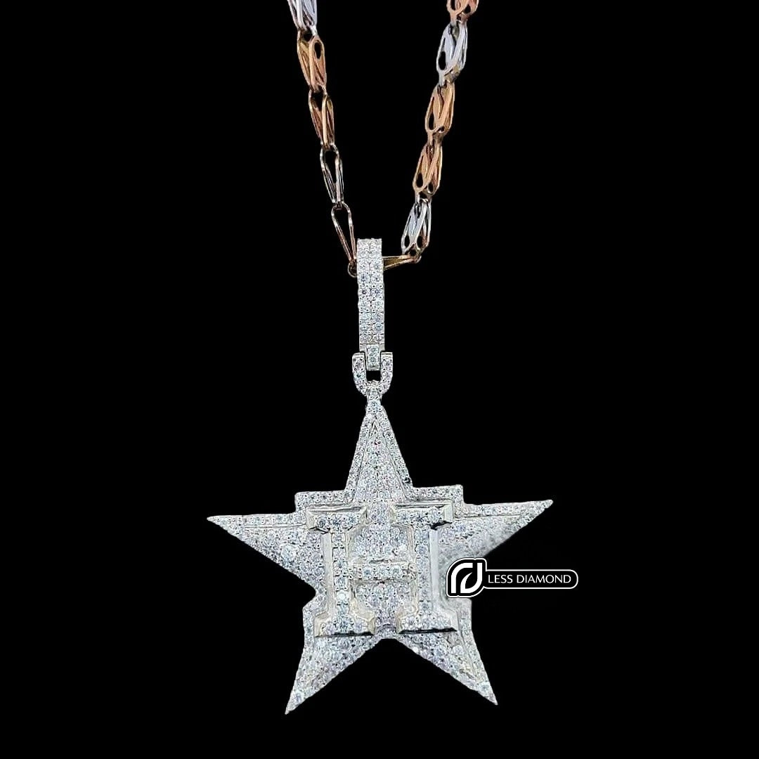 H Star Iced Moissanite Pendant in 925 Sterling Silver Front View