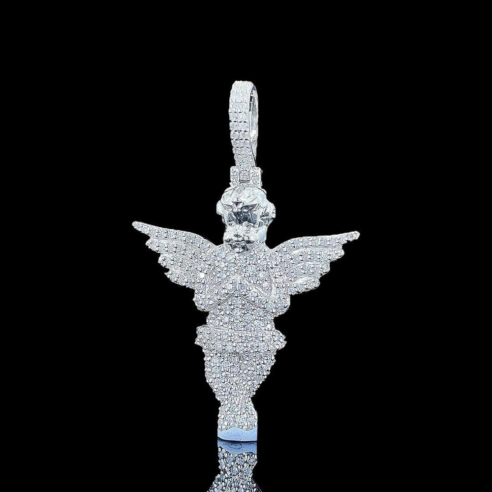 Iced Angel Wings Moissanite Pendant in 925 Sterling Silver Close Up Front View