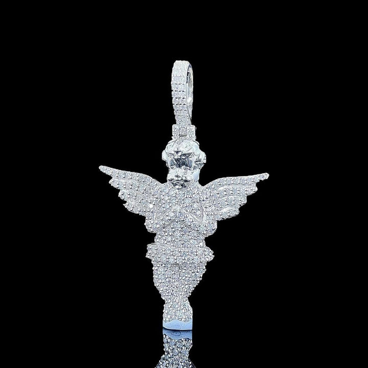Iced Angel Wings Moissanite Pendant in 925 Sterling Silver Close Up Front View