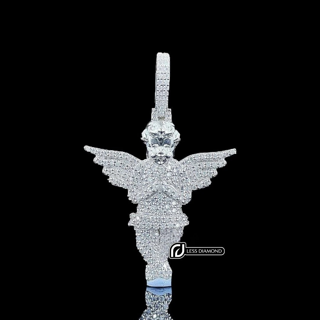 Iced Angel Wings Moissanite Pendant in 925 Sterling Silver Front View