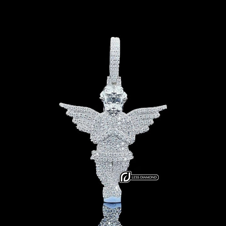 Iced Angel Wings Moissanite Pendant in 925 Sterling Silver Front View