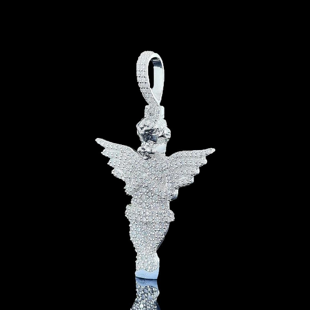 Iced Angel Wings Moissanite Pendant in 925 Sterling Silver Left Profile View