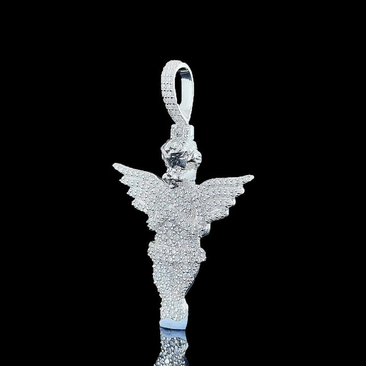 Iced Angel Wings Moissanite Pendant in 925 Sterling Silver Left Profile View