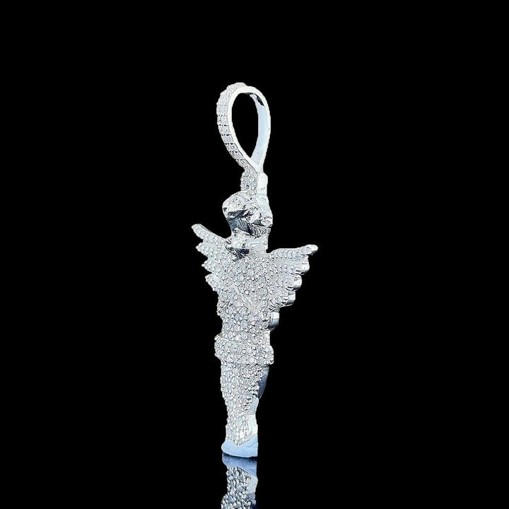 Iced Angel Wings Moissanite Pendant in 925 Sterling Silver Left Side Cross View