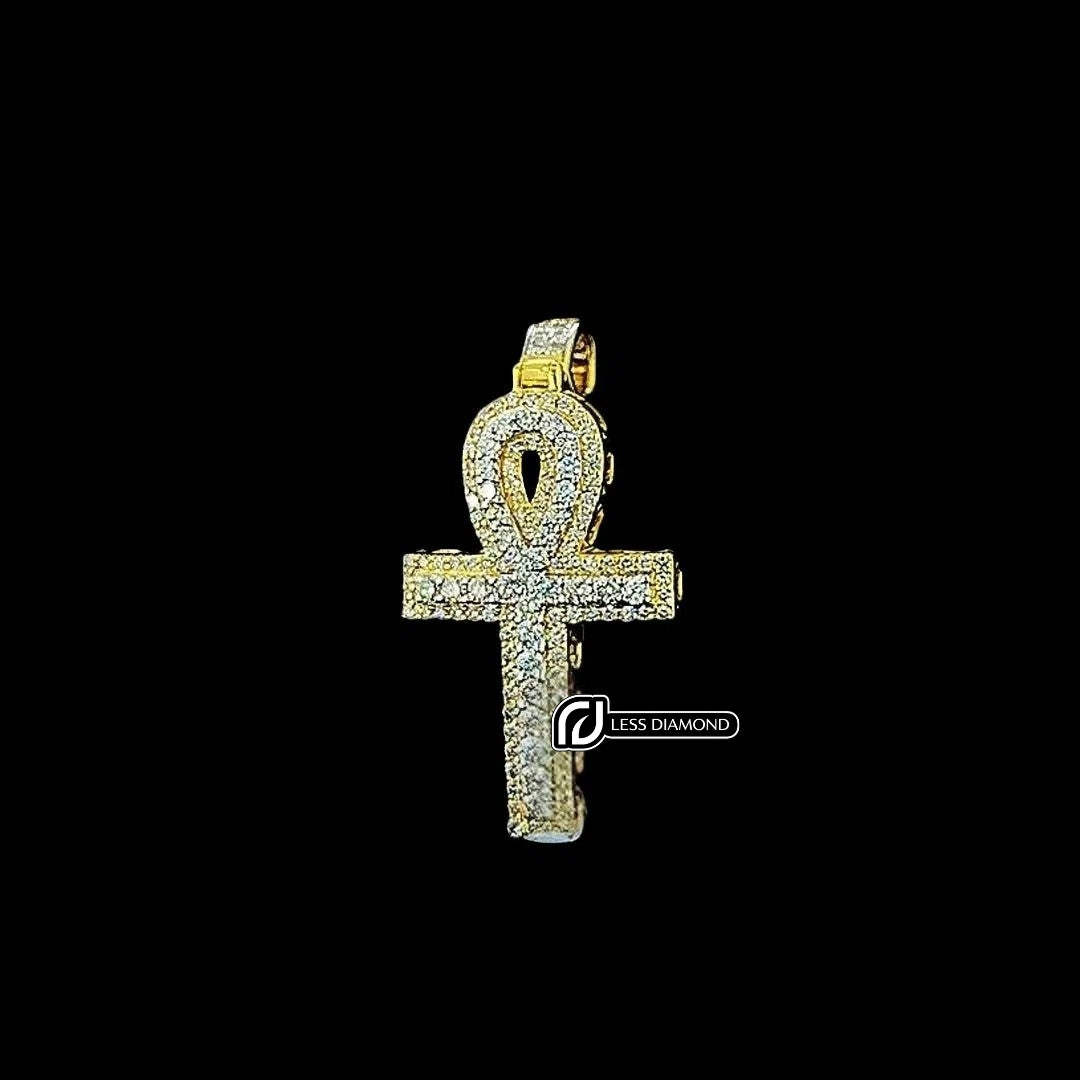 Iced Ankh Cross Moissanite Pendant in 925 Sterling Silver Front View