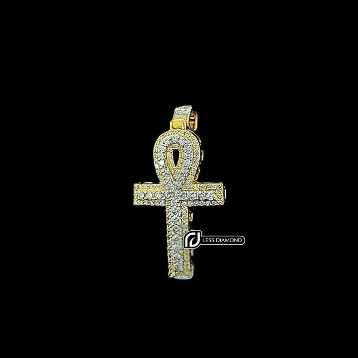 Iced Ankh Cross Moissanite Pendant in 925 Sterling Silver Front View