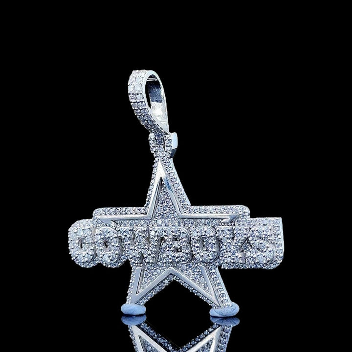 Iced Cowboys Star Moissanite Pendant in 925 Sterling Silver Close Up Front View