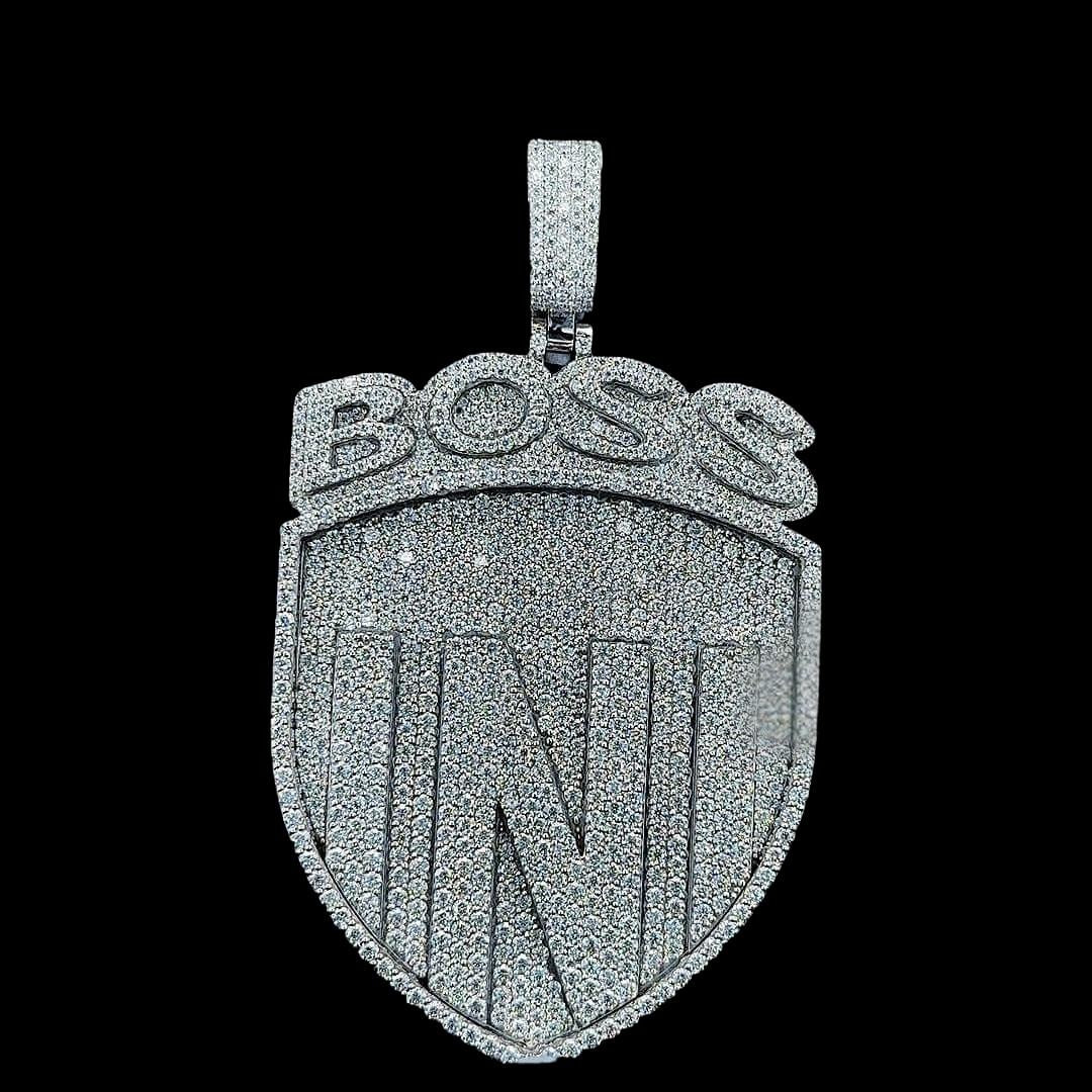 Iced Out Boss Status Moissanite Medallion Pendant Close Up Front View
