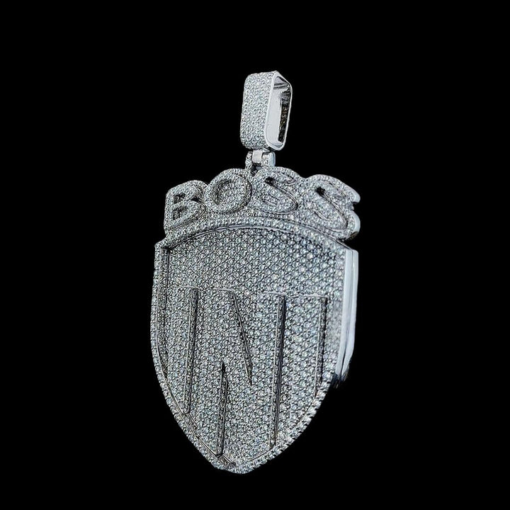 Iced Out Boss Status Moissanite Medallion Pendant Left Profile View