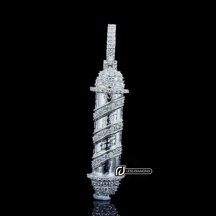 Iced Spiral Pillar Moissanite Pendant in 925 Sterling Silver Front View