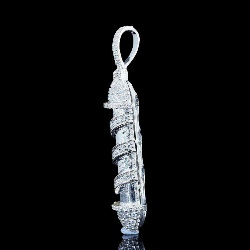 Iced Spiral Pillar Moissanite Pendant in 925 Sterling Silver Left Profile View