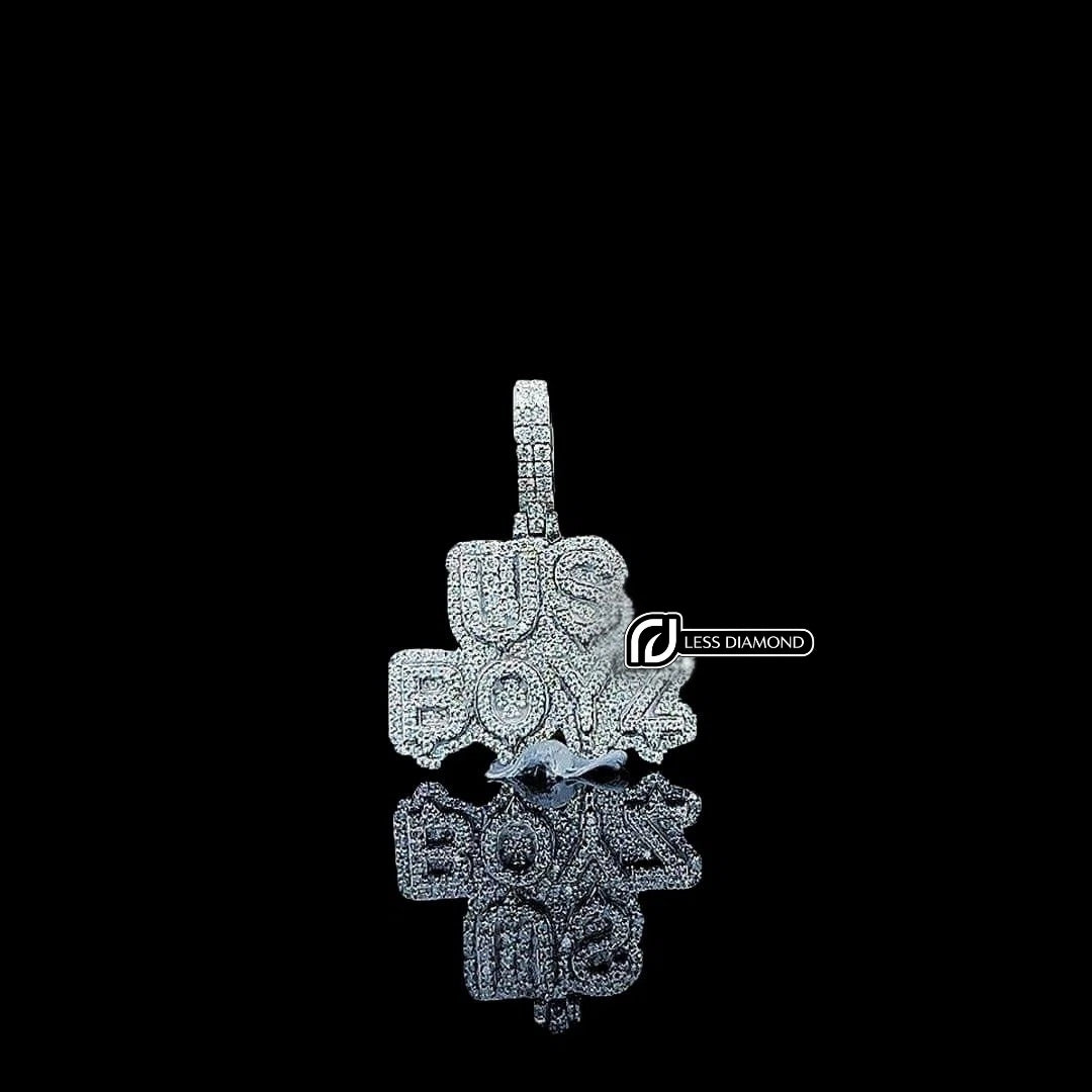 Iced US Boyz Script Moissanite Pendant in 925 Sterling Silver Front View
