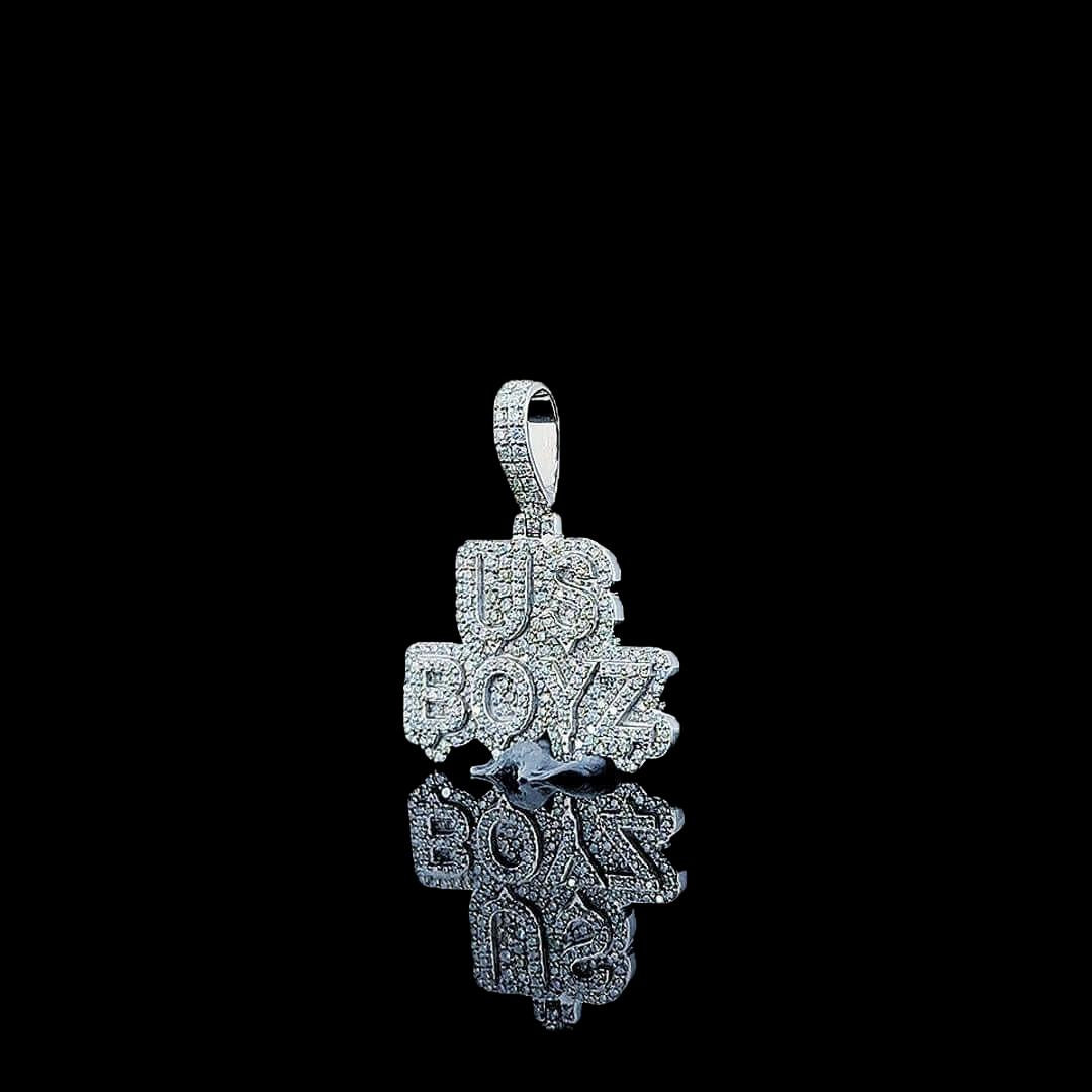 Iced US Boyz Script Moissanite Pendant in 925 Sterling Silver Left Profile View
