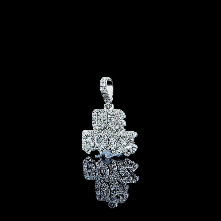 Iced US Boyz Script Moissanite Pendant in 925 Sterling Silver Left Profile View