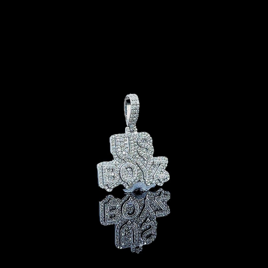 Iced US Boyz Script Moissanite Pendant in 925 Sterling Silver Right Profile View