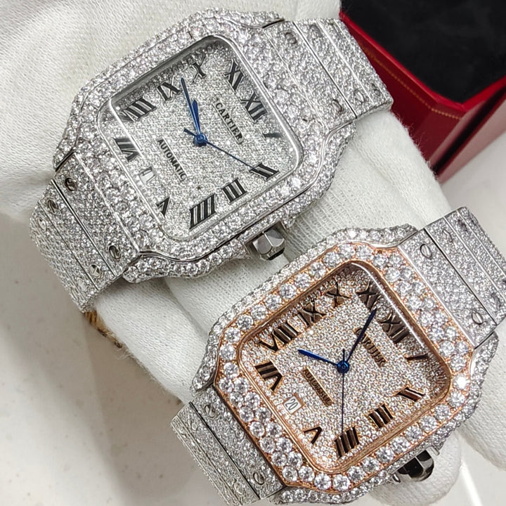 Cartier Santos Watch Fully Iced Out Rose Gold and White Gold