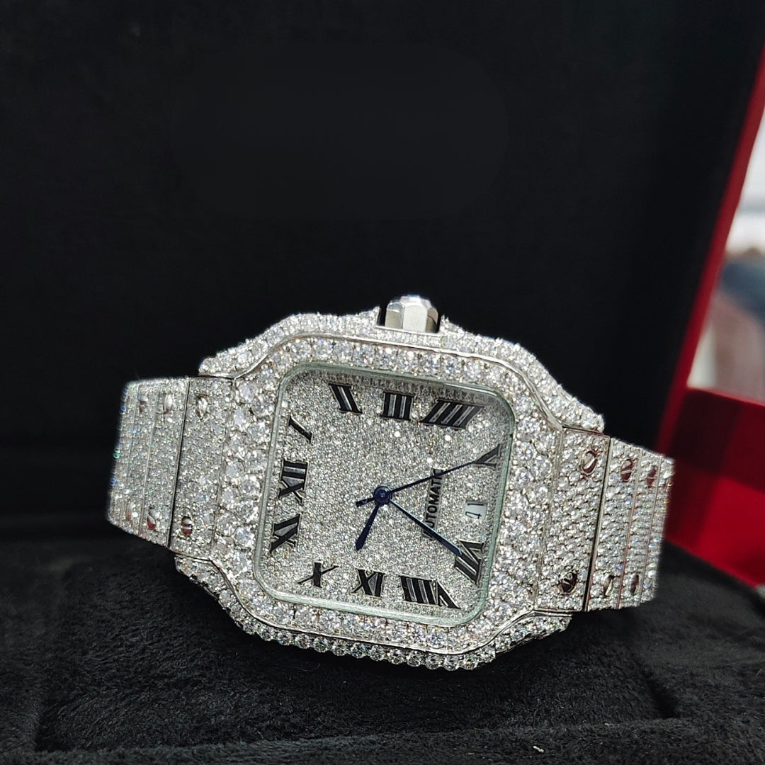 Cartier Santos Roman Dial Fully Iced Out Moissanite Watch