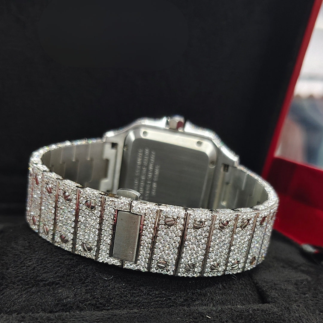 Cartier Santos Roman Dial Fully Iced Out Moissanite Watch
