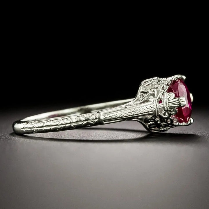 Vintage Cushion Cut AD Ruby Ring in Antique Silver Setting