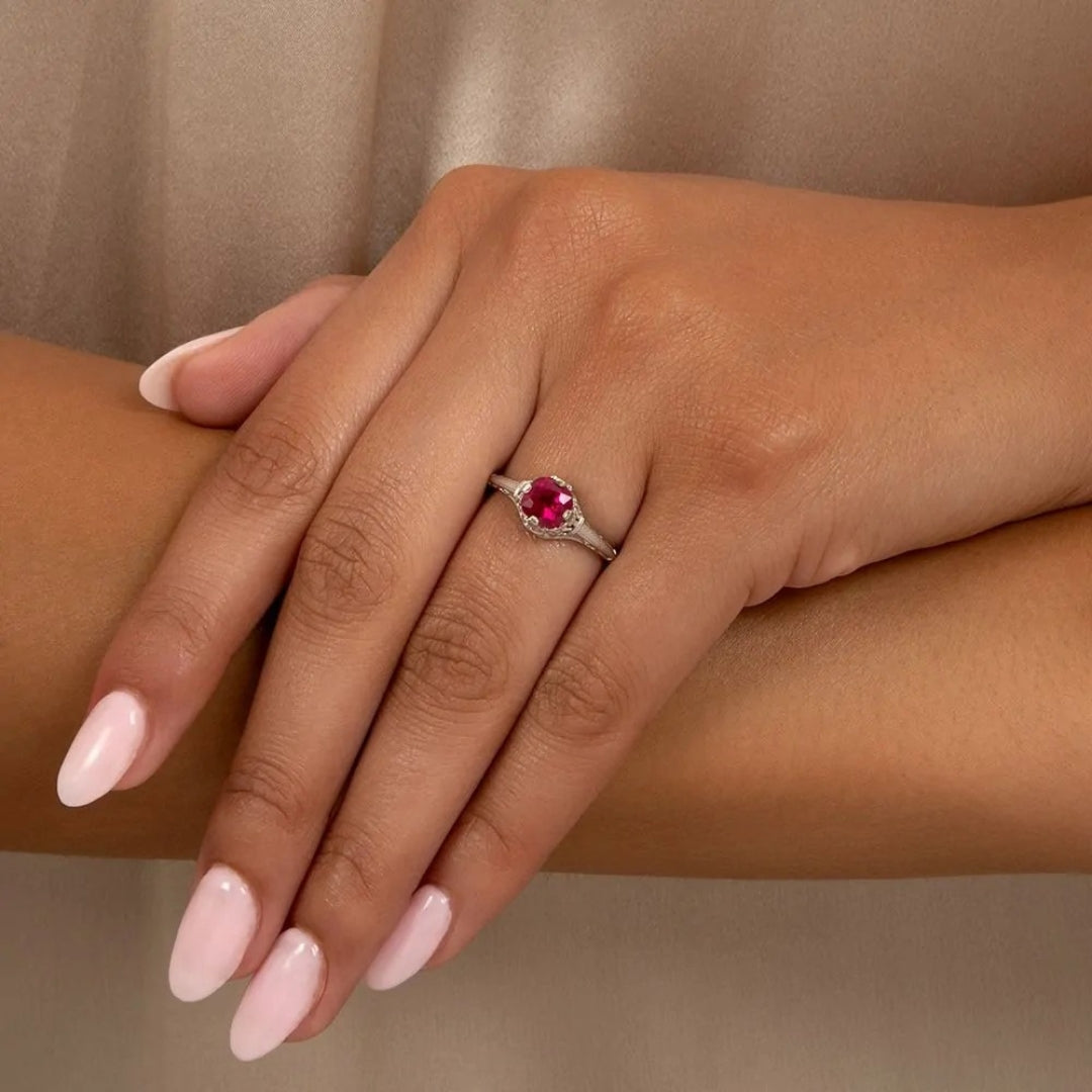 Vintage Cushion Cut AD Ruby Ring in Antique Silver Setting